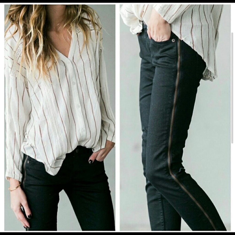Free People Black Skinny Jeans with Side Stripe